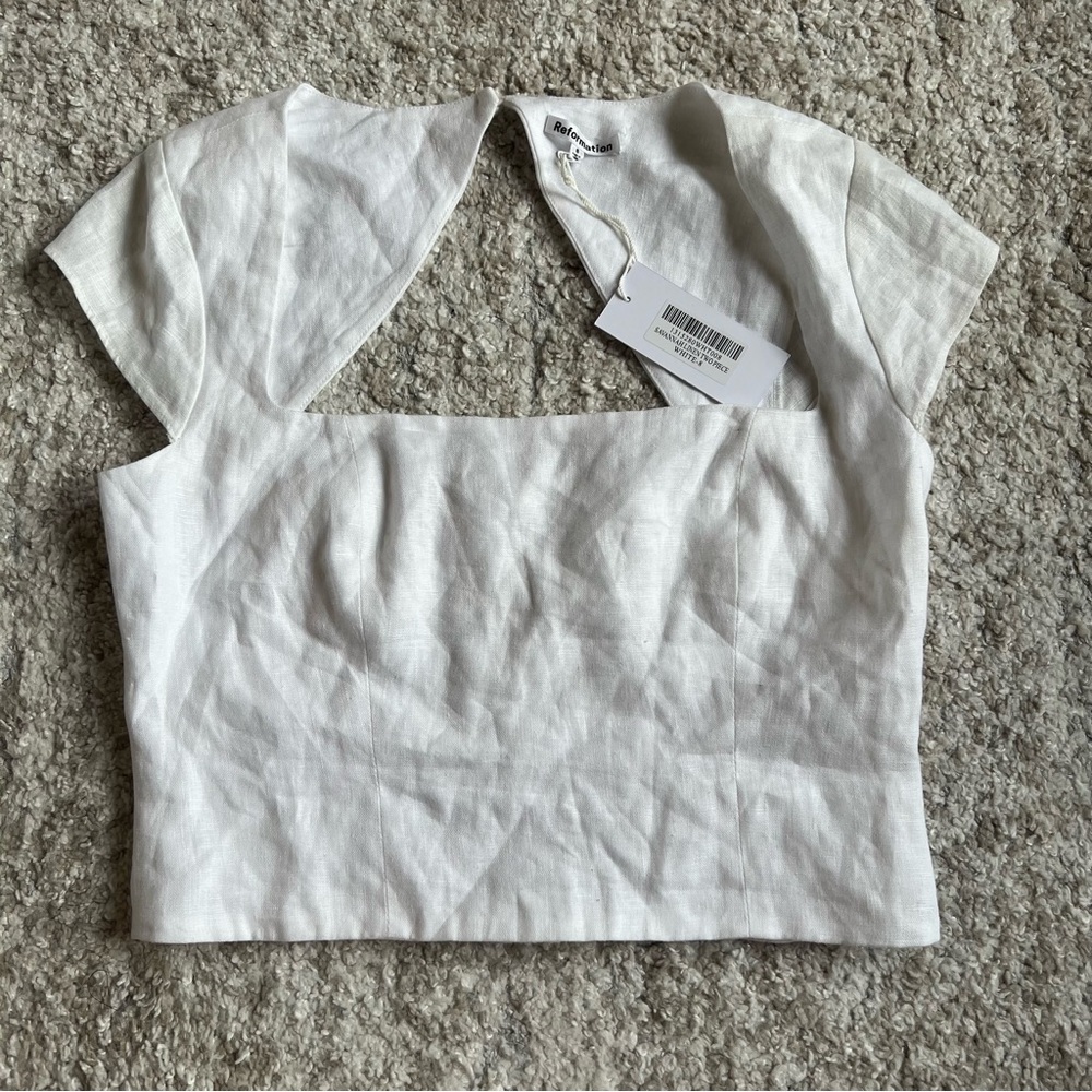 Reformation White Linen Cap Sleeve Square Neck Top